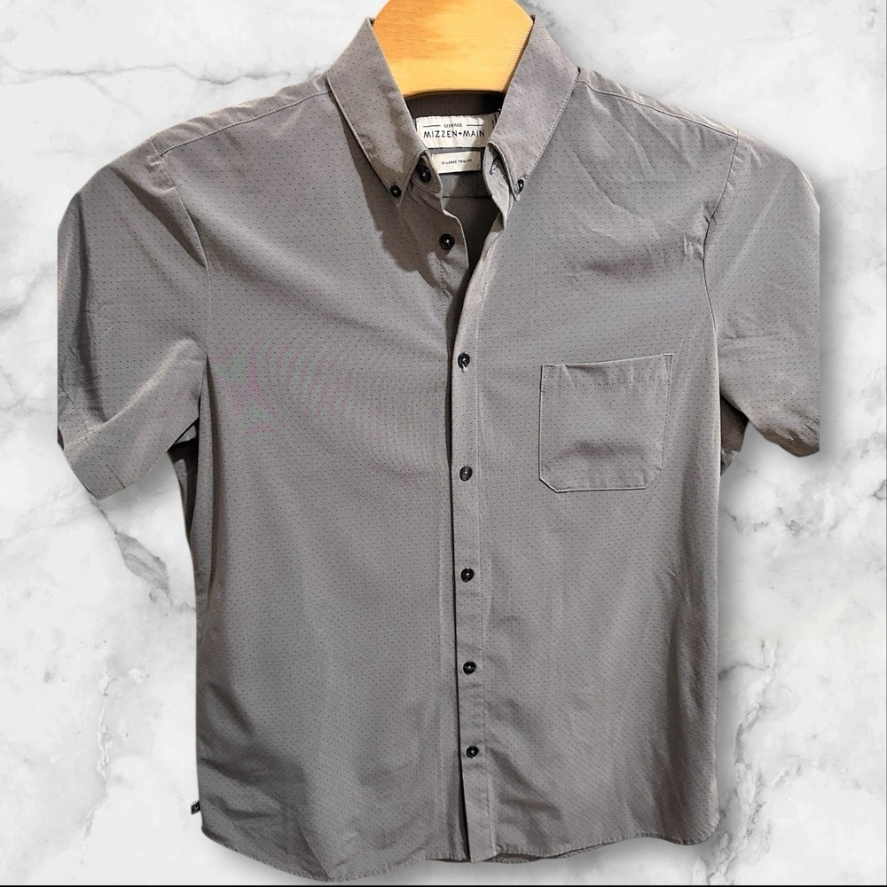 Mizzen‎ Main Shirt Mens XL Gray Polka Dot Leeward Trim Fit Short Sleeve Stretch